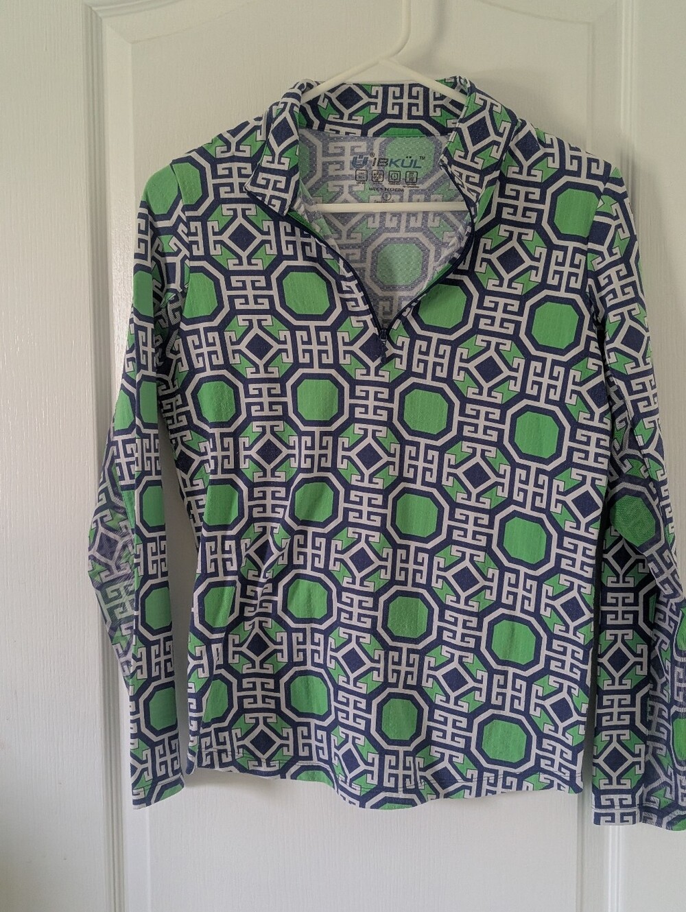 IBKUL Shirt Women Small Green Blue Sun Protection 1/4 Zip Mesh Vacation Beach